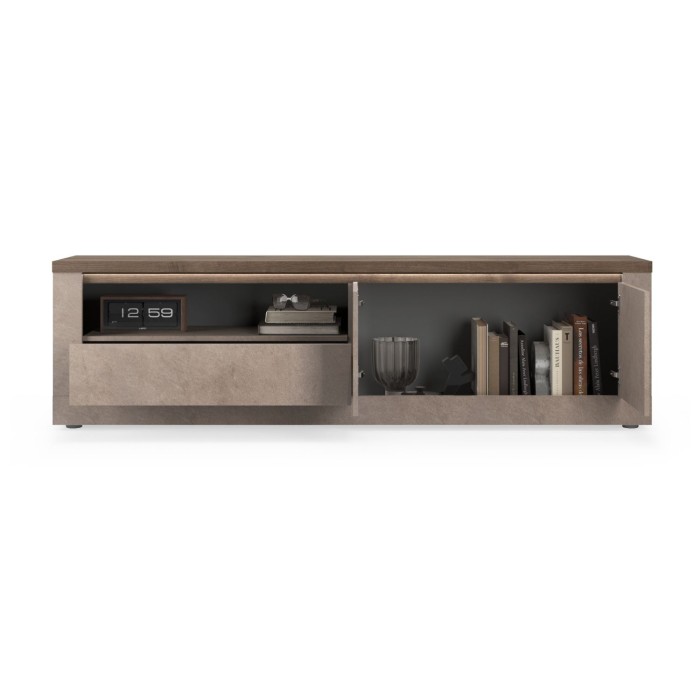 Meubel TV SASHA - 2 deuren, 1 lade en 1 vak met LED - Brons en houten bovenblad Mercurius
