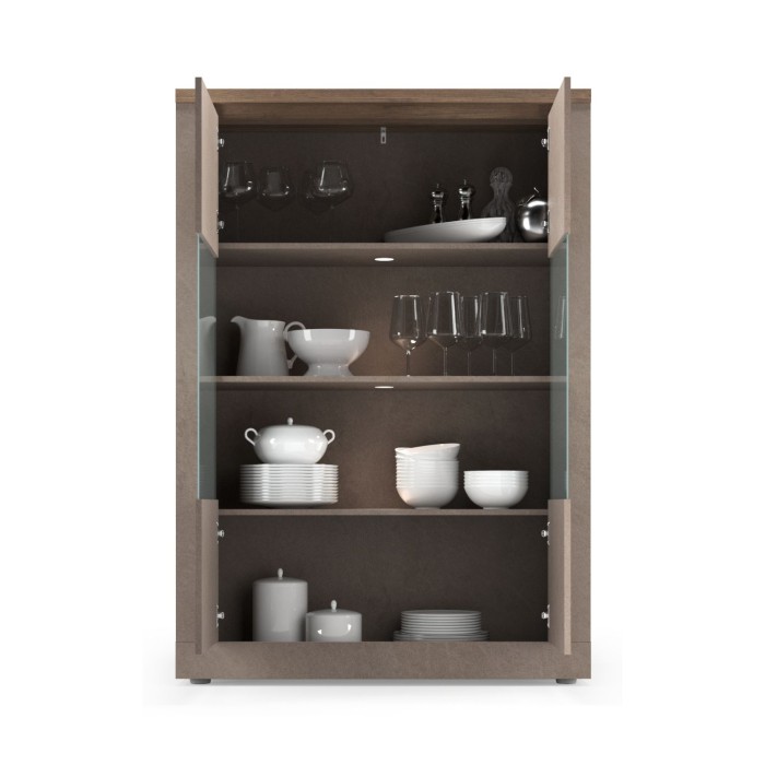 Vitrine SASHA – 2 Türen mit 3 Regalböden und LED – Bronze und Holzplatte Merkur