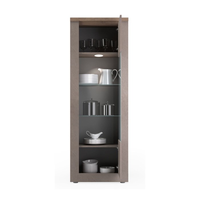 Vitrine SASHA – 1 Tür mit Holz- und Glasregalen – Bronze und Holzdeckplatte Merkur