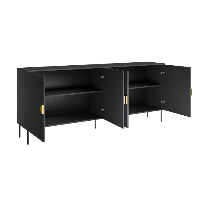 Buffet 4 porte MONDO – Nero opaco, piedi in metallo e maniglie dorate – Design moderno