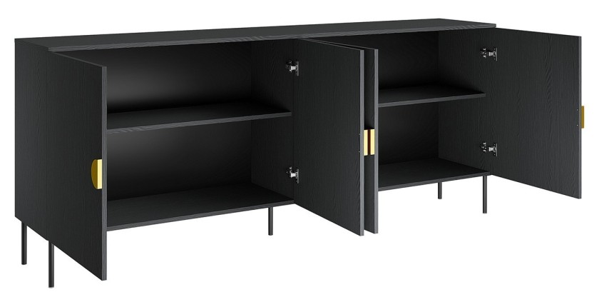 Buffet 4 portes MONDO – Noir mat, pieds métal et poignées dorées – Design moderne