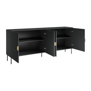 Buffet 4 portes MONDO – Noir mat, pieds métal et poignées dorées – Design moderne