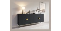 Buffet 4 portes MONDO – Noir mat, pieds métal et poignées dorées – Design moderne