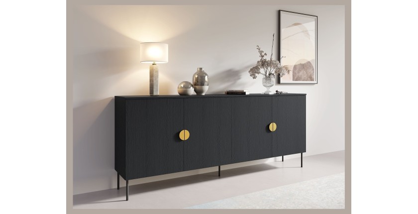 Buffet 4 portes MONDO – Noir mat, pieds métal et poignées dorées – Design moderne