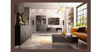 Buffet 4 portes MONDO – Noir mat, pieds métal et poignées dorées – Design moderne