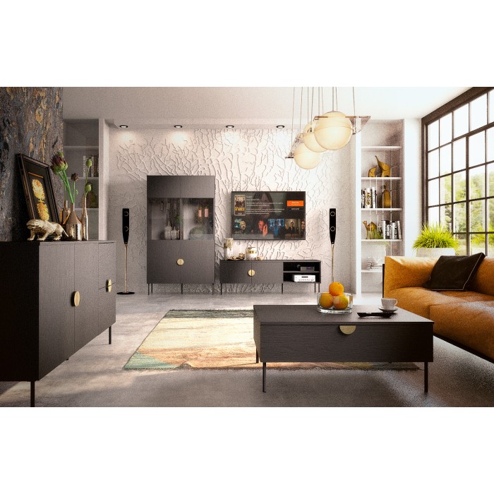 Buffet 4 porte MONDO – Nero opaco, piedi in metallo e maniglie dorate – Design moderno