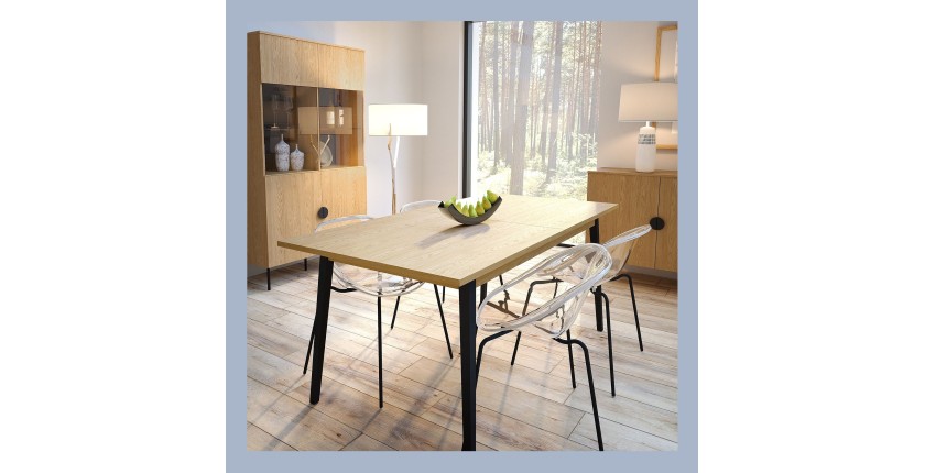 Mesa extensible MONDO – Tablero de roble y patas negras – 160 a 200 cm – Patas inclinadas de metal