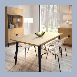 Mesa extensible MONDO – Tablero de roble y patas negras – 160 a 200 cm – Patas inclinadas de metal