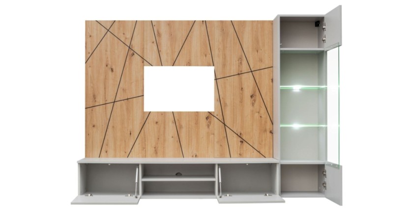 Ensemble IXAR géométrique avec meuble TV vitrine et panneaux muraux ouvert