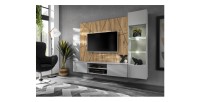 Ensemble IXAR géométrique avec meuble TV vitrine et panneaux muraux mis en situation dans un décor 3D