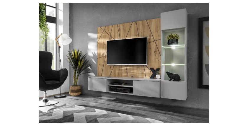 Ensemble IXAR géométrique avec meuble TV vitrine et panneaux muraux mis en situation dans un décor 3D