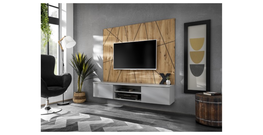Ensemble IXAR géométrique meuble TV et panneaux muraux mis en situation dans un décor 3D