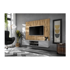 Ensemble IXAR géométrique meuble TV et panneaux muraux mis en situation dans un décor 3D