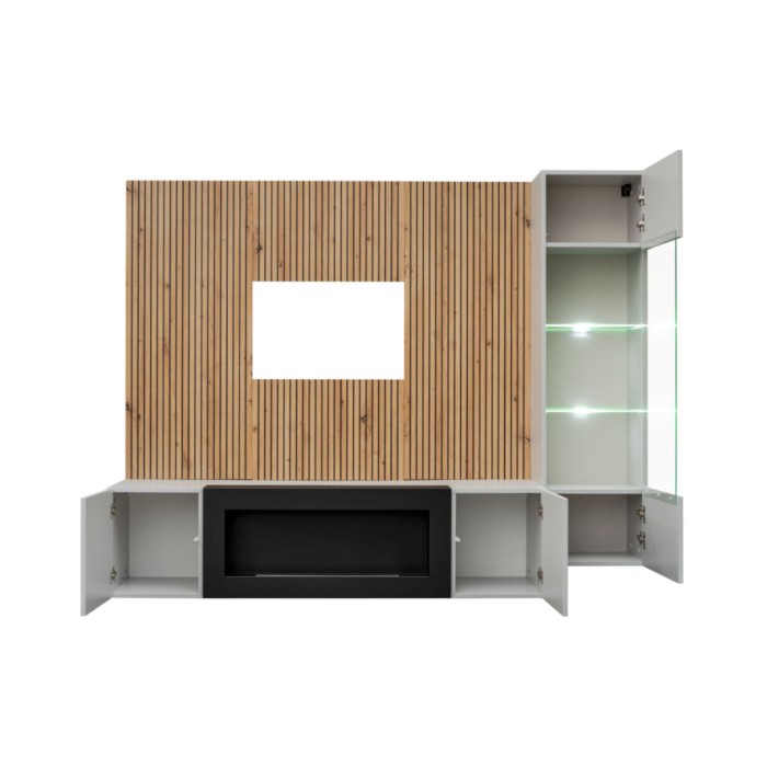 Composition murale IXAR – Tv-meubel, hangende vitrinekast, wandpanelen en bio-ethanol haard