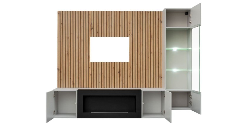 Ensemble de salon meuble TV avec cheminée, vitrine et panneaux muraux ouvert