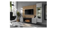 Ensemble de salon meuble TV avec cheminée, vitrine et panneaux muraux mis en situation dans un décor 3D