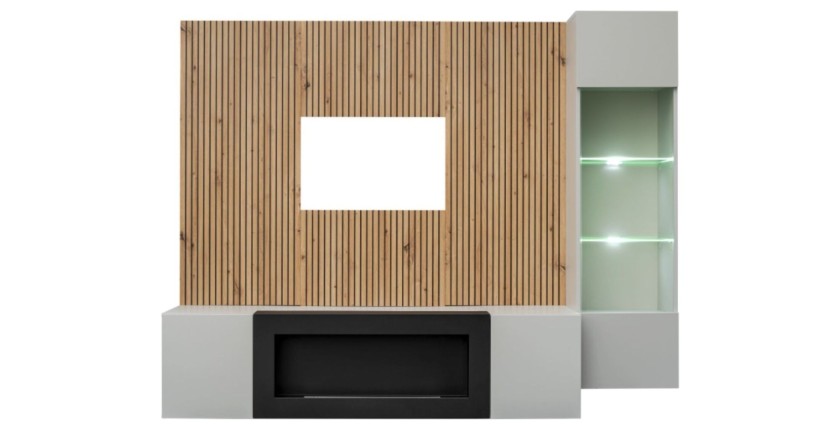 Ensemble de salon meuble TV avec cheminée, vitrine et panneaux muraux