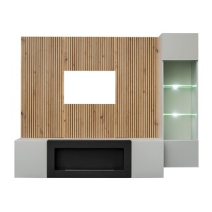 Ensemble de salon meuble TV avec cheminée, vitrine et panneaux muraux