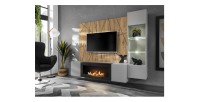 Ensemble de salon IXAR géométrique avec meuble TV et cheminée, vitrine et panneaux muraux ouvert