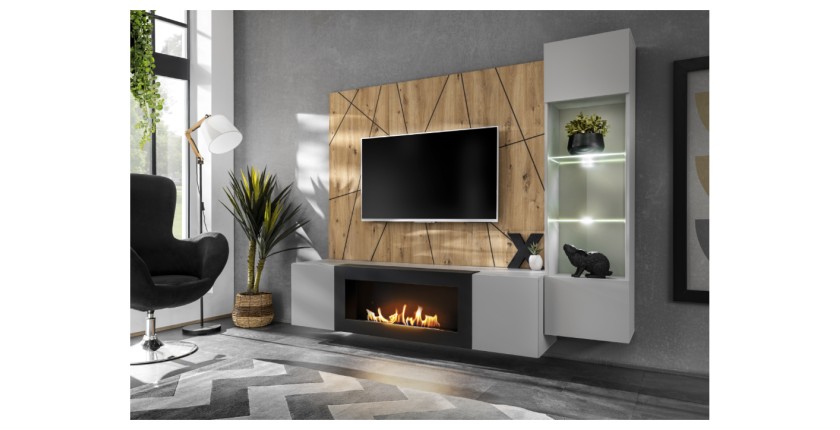 Ensemble de salon IXAR géométrique avec meuble TV et cheminée, vitrine et panneaux muraux ouvert