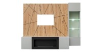Ensemble de salon IXAR géométrique avec meuble TV et cheminée, vitrine et panneaux muraux