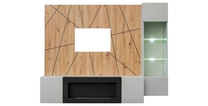 Ensemble de salon IXAR géométrique avec meuble TV et cheminée, vitrine et panneaux muraux