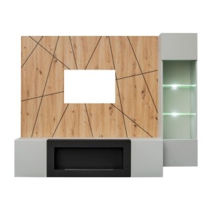 Ensemble de salon IXAR géométrique avec meuble TV et cheminée, vitrine et panneaux muraux