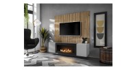 Ensemble de salon IXAR meuble TV avec cheminée bio-éthanol et panneaux muraux mis en situation dans un décor 3D