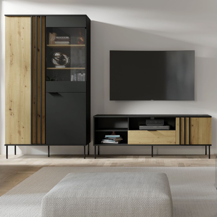 Vitrina diseño IZO – 2 puertas – Negro ónix & Roble claro – 110x195x40 cm