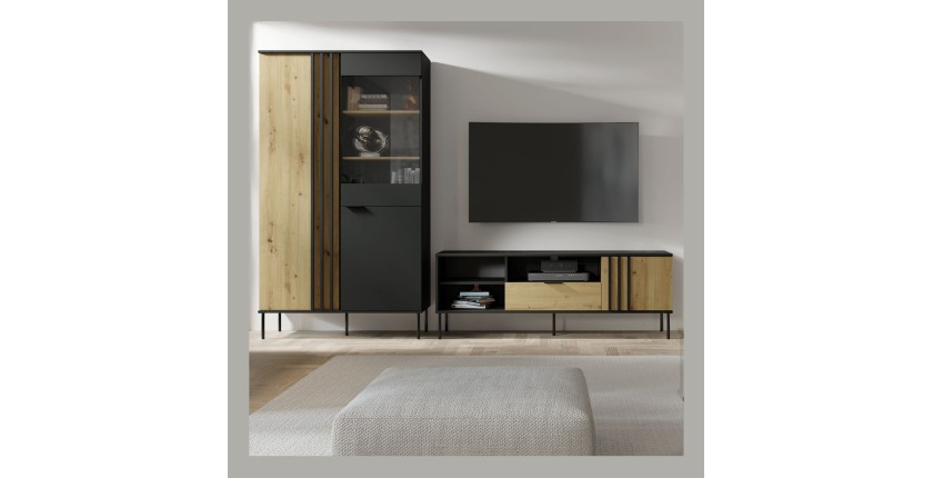 Vitrina diseño IZO – 2 puertas – Negro ónix & Roble claro – 110x195x40 cm