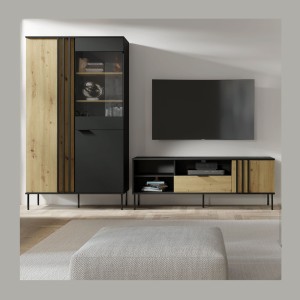 Vitrina diseño IZO – 2 puertas – Negro ónix & Roble claro – 110x195x40 cm