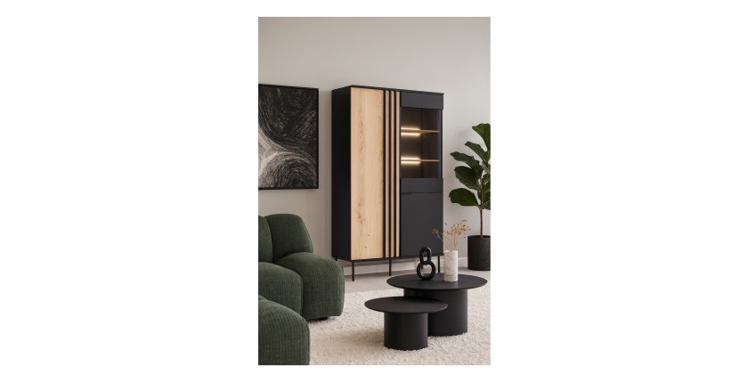 Vitrina diseño IZO – 2 puertas – Negro ónix & Roble claro – 110x195x40 cm