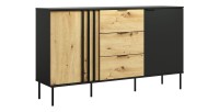 Buffet design IZO – 2 portes & 3 tiroirs – Noir onyx & Chêne clair – 165x92x40 cm