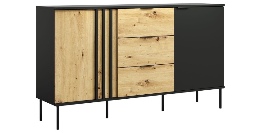 Buffet design IZO – 2 portes & 3 tiroirs – Noir onyx & Chêne clair – 165x92x40 cm