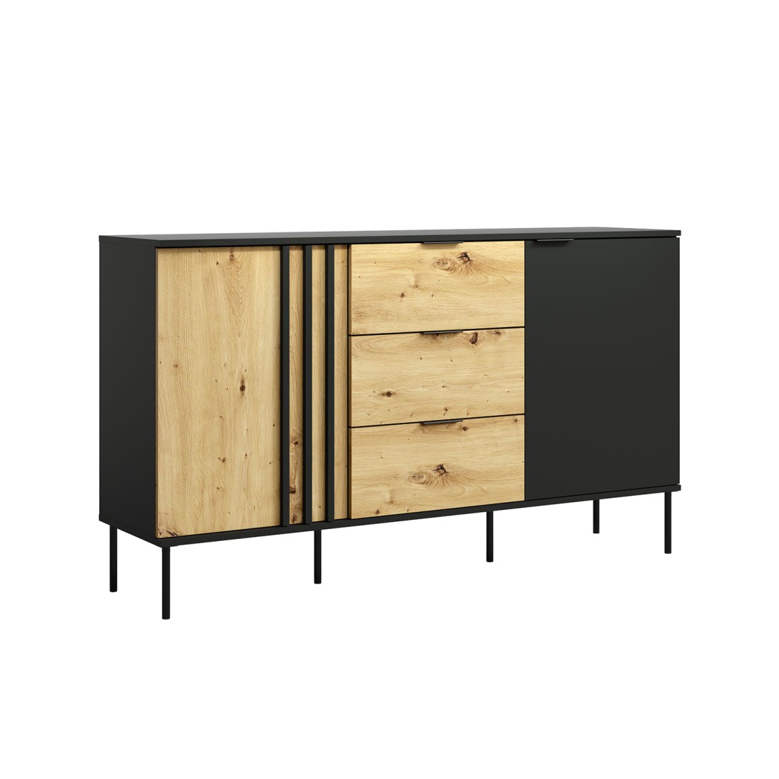 Buffet design IZO – 2 portes & 3 tiroirs – Noir onyx & Chêne clair – 165x92x40 cm