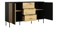 Buffet design IZO – 2 portes & 3 tiroirs – Noir onyx & Chêne clair – 165x92x40 cm