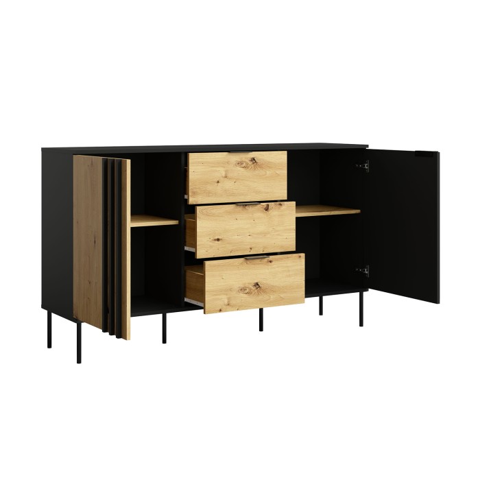 Buffet Design IZO – 2 Türen & 3 Schubladen – Onyx Schwarz & Helles Eichenholz – 165x92x40 cm