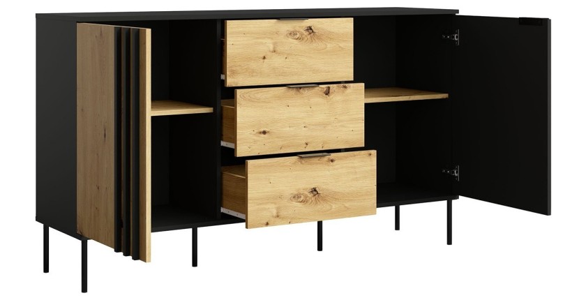 Buffet design IZO – 2 portes & 3 tiroirs – Noir onyx & Chêne clair – 165x92x40 cm