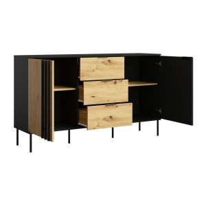 Buffet design IZO – 2 portes & 3 tiroirs – Noir onyx & Chêne clair – 165x92x40 cm