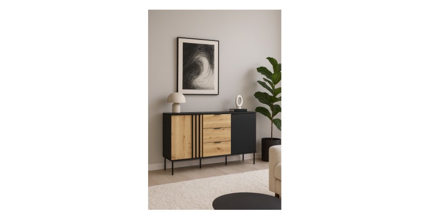 Buffet design IZO – 2 portes & 3 tiroirs – Noir onyx & Chêne clair – 165x92x40 cm
