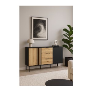 Buffet design IZO – 2 portes & 3 tiroirs – Noir onyx & Chêne clair – 165x92x40 cm