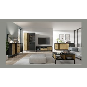 Buffet design IZO – 2 portes & 3 tiroirs – Noir onyx & Chêne clair – 165x92x40 cm