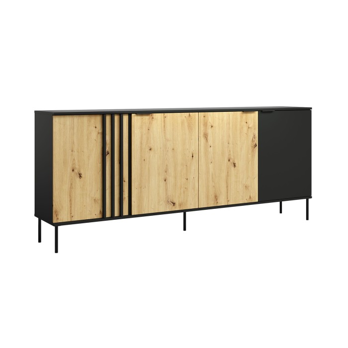Buffet design IZO – 4 portes – Noir onyx & Chêne clair – 220x92x40 cm