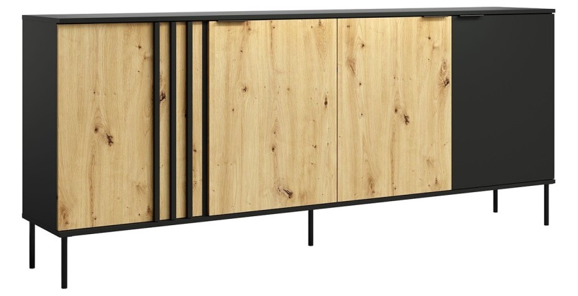 Buffet design IZO – 4 portes – Noir onyx & Chêne clair – 220x92x40 cm