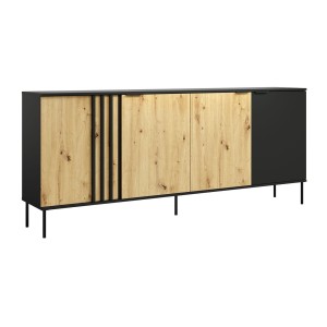 Buffet design IZO – 4 portes – Noir onyx & Chêne clair – 220x92x40 cm