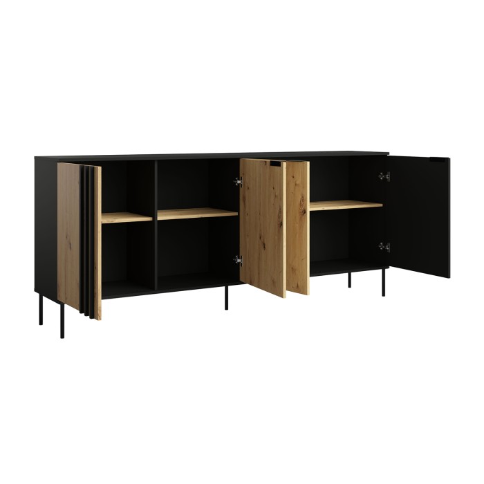 Buffet Design IZO – 4 Türen – Onyx Schwarz & Helles Eichenholz – 220x92x40 cm