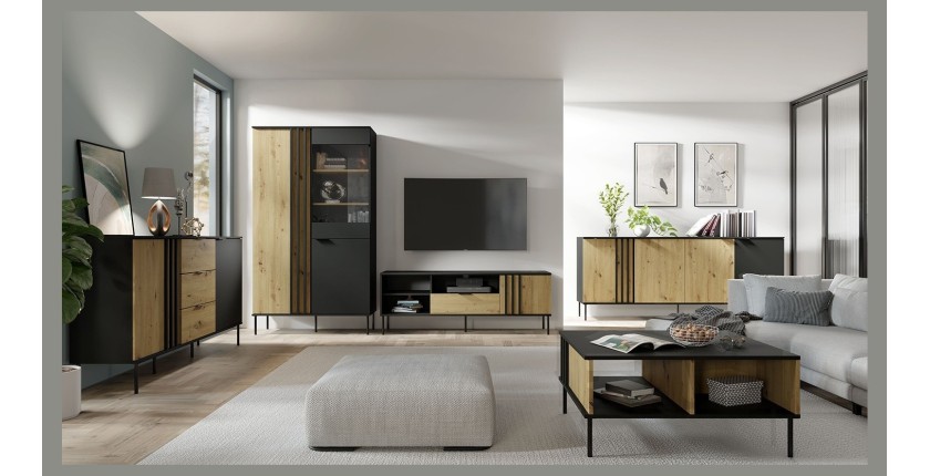 Buffet design IZO – 4 portes – Noir onyx & Chêne clair – 220x92x40 cm