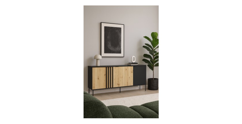 Buffet design IZO – 4 portes – Noir onyx & Chêne clair – 220x92x40 cm