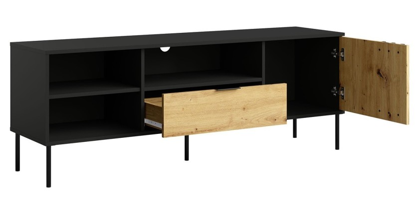Meuble TV design IZO – Noir onyx & Chêne clair – 160x58x40 cm
