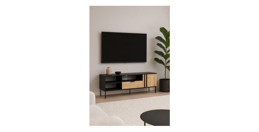 Meuble TV design IZO – Noir onyx & Chêne clair – 160x58x40 cm